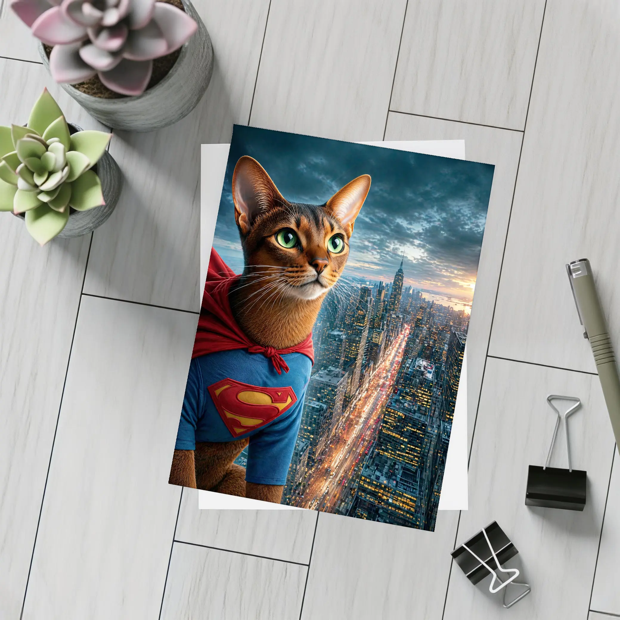 Abyssinian Cat Superhero Over City Skyline – Postcards