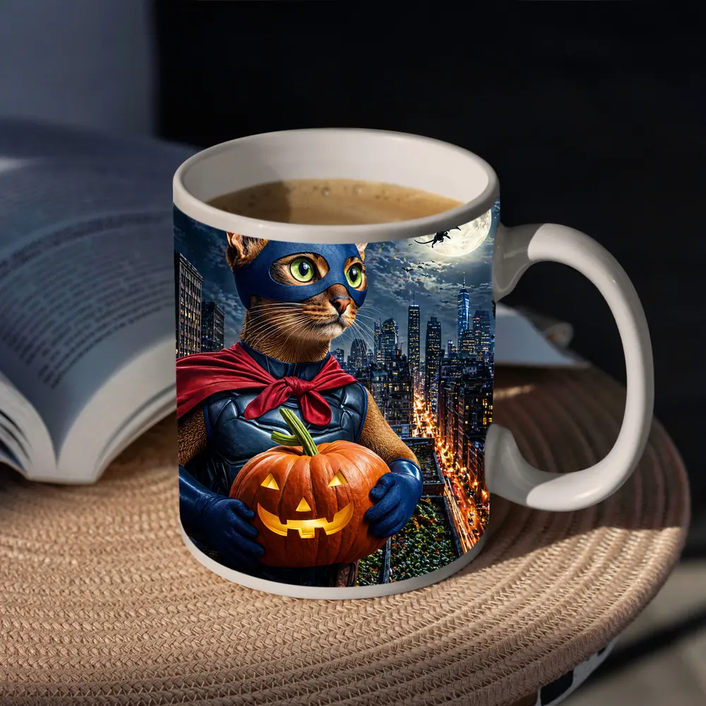 Abyssinian Superhero Cat City Night Halloween – Mugs