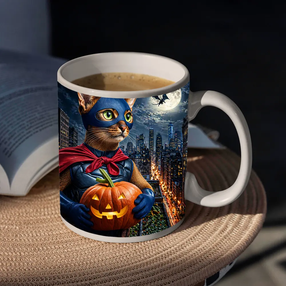 Abyssinian Superhero Cat City Night Halloween – Mugs