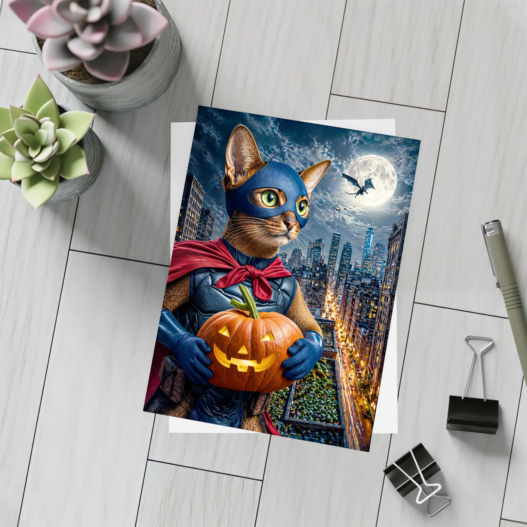 Abyssinian Superhero Cat City Night Halloween – Postcards