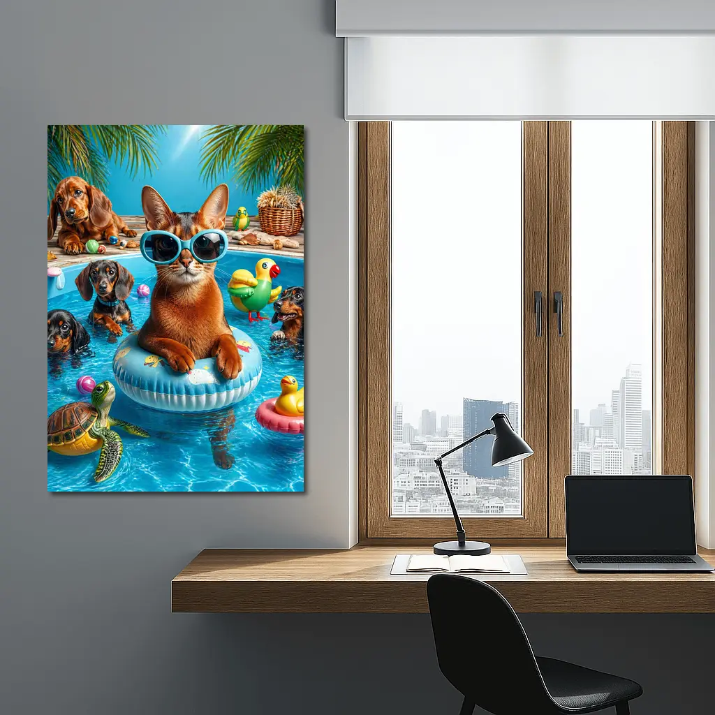 Abyssinian Cat Pool Party With Dachshunds – Wall Art