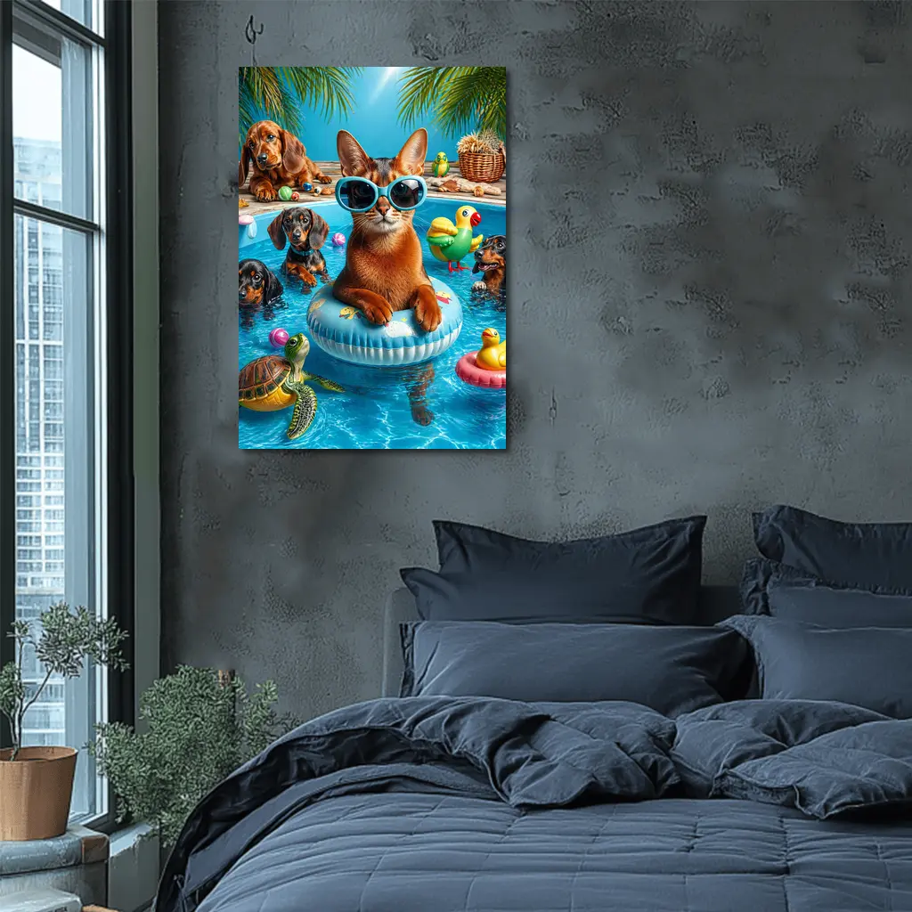 Abyssinian Cat Pool Party With Dachshunds – Wall Art