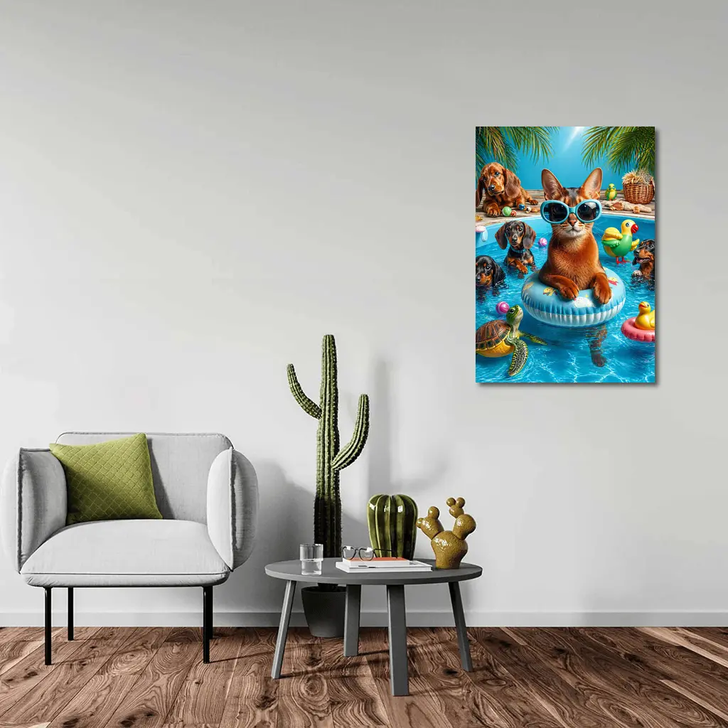 Abyssinian Cat Pool Party With Dachshunds – Wall Art