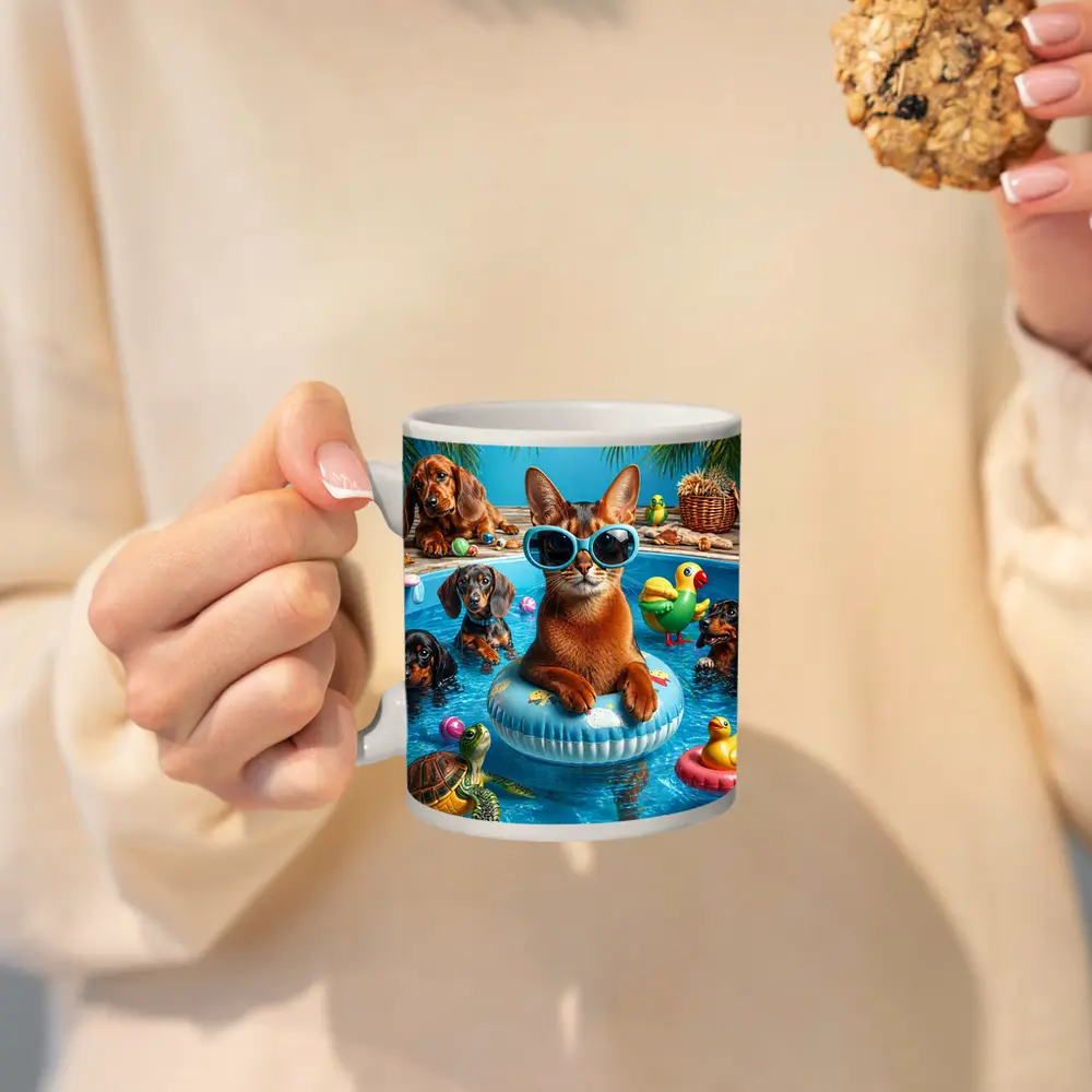 Abyssinian Cat Pool Party With Dachshunds – Mugs