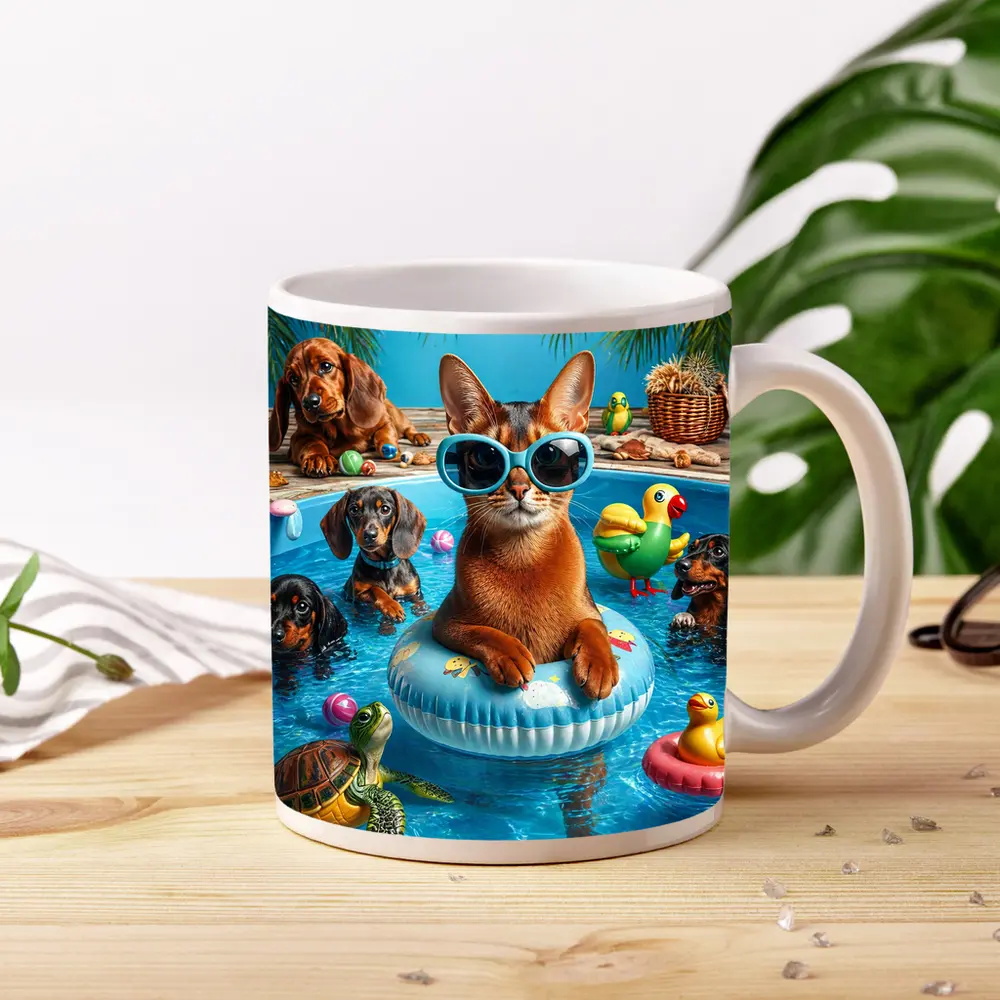 Abyssinian Cat Pool Party With Dachshunds – Mugs