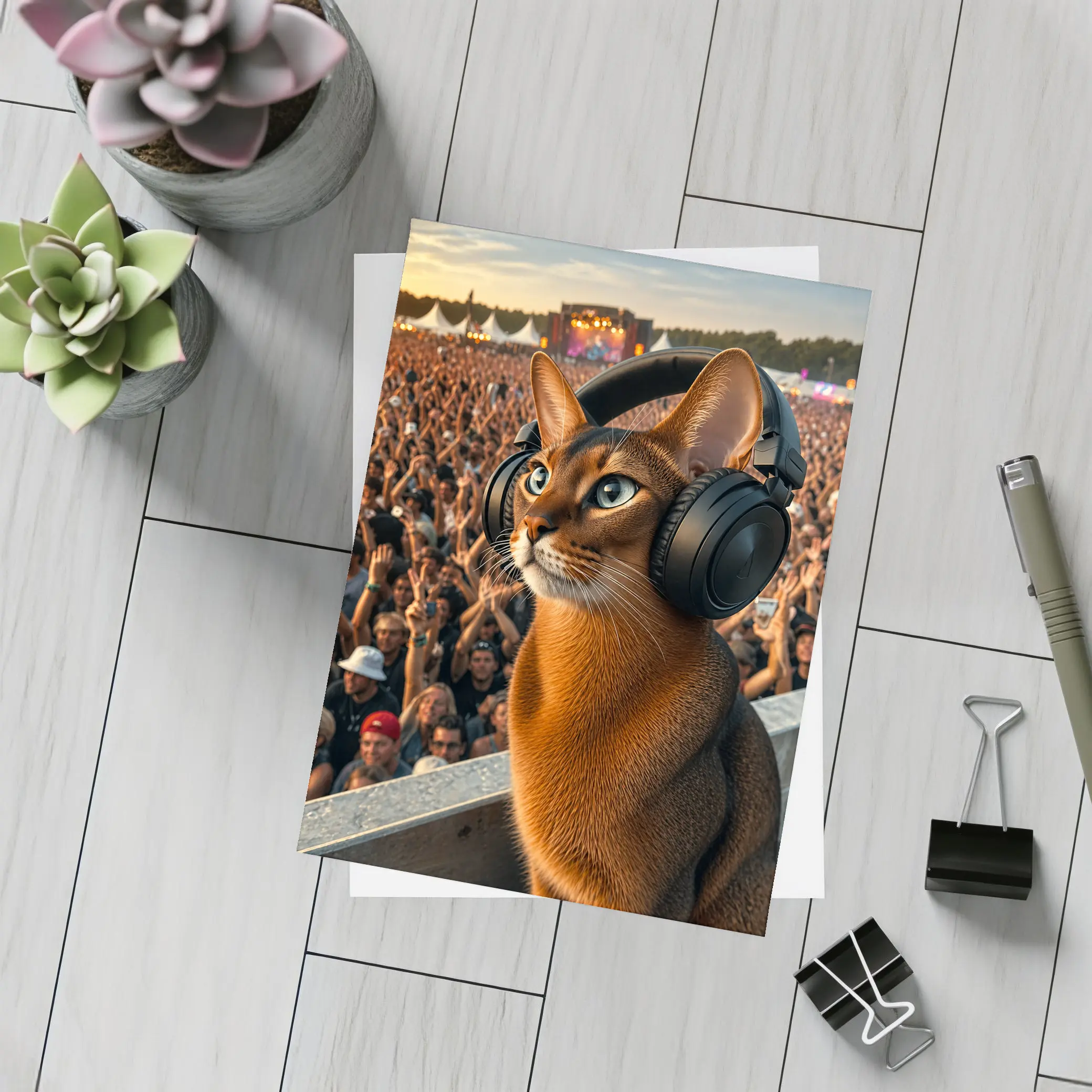 Abyssinian Cat Headphones Music Festival Crowd – Postcards
