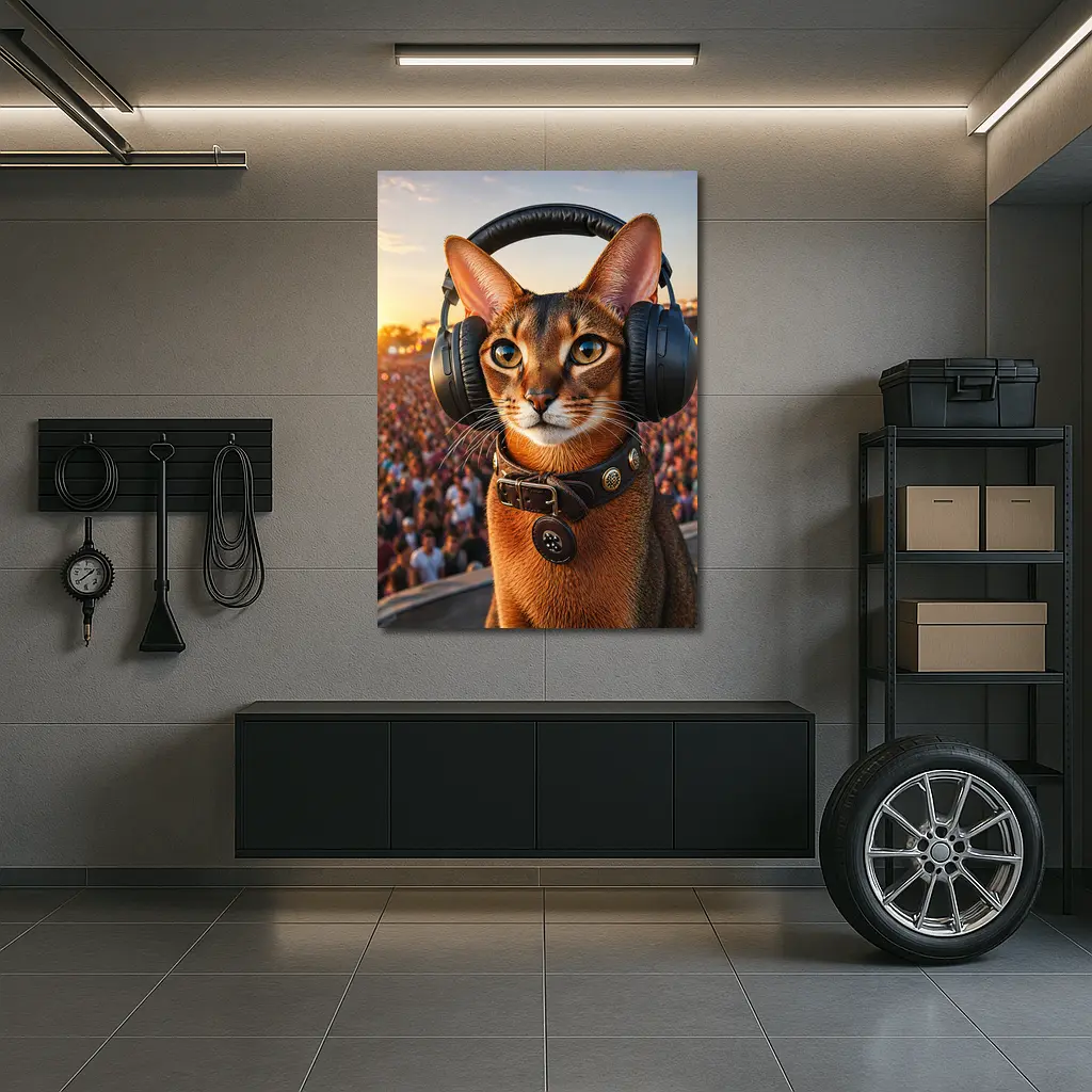 Abyssinian Cat Wearing Headphones at Festival – Wall Art