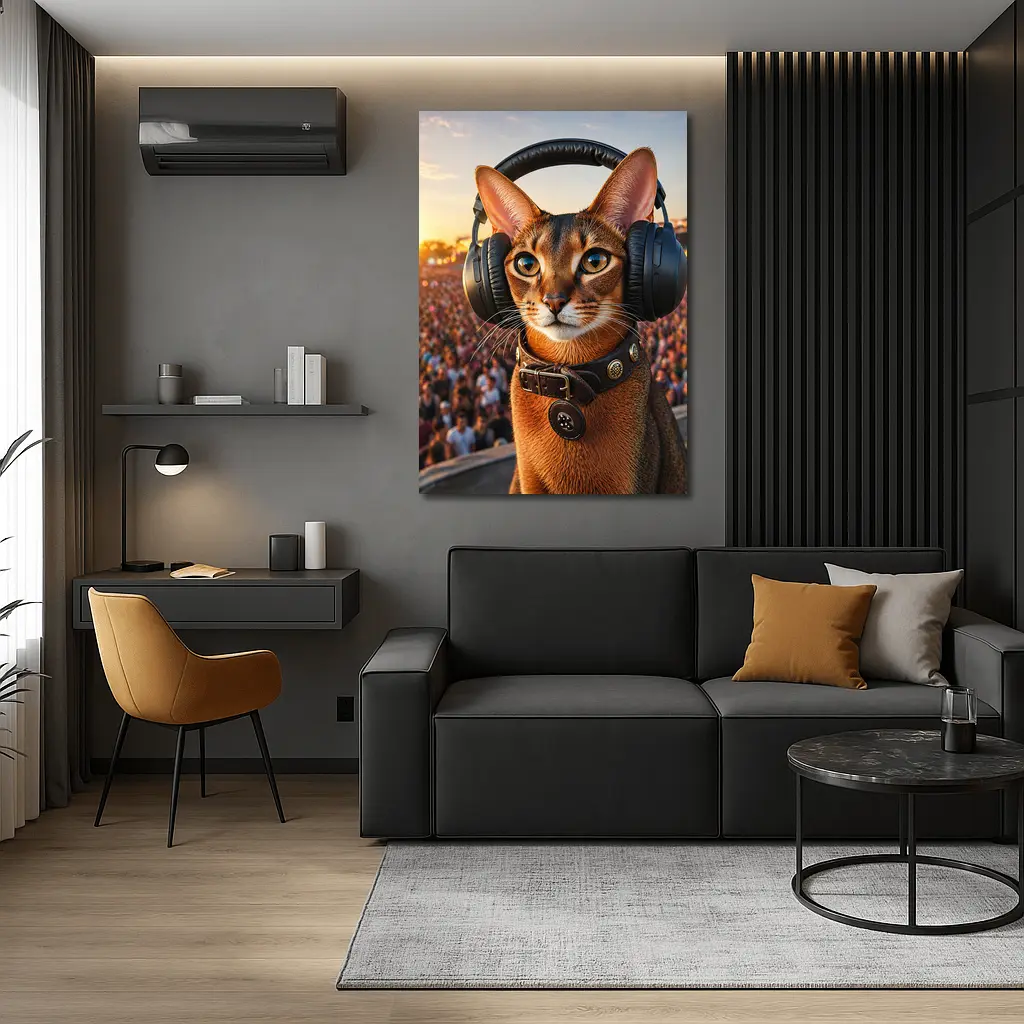Abyssinian Cat Wearing Headphones at Festival – Wall Art
