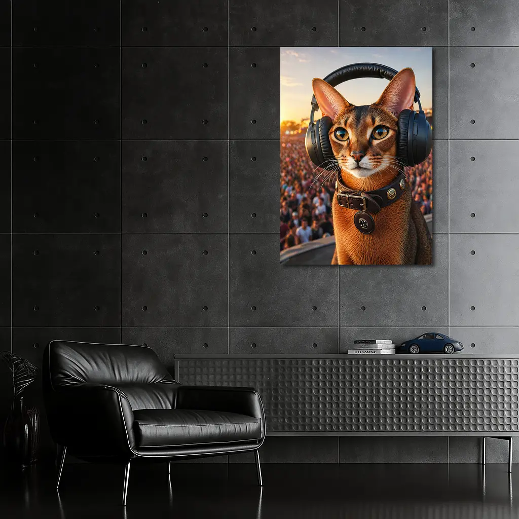 Abyssinian Cat Wearing Headphones at Festival – Wall Art