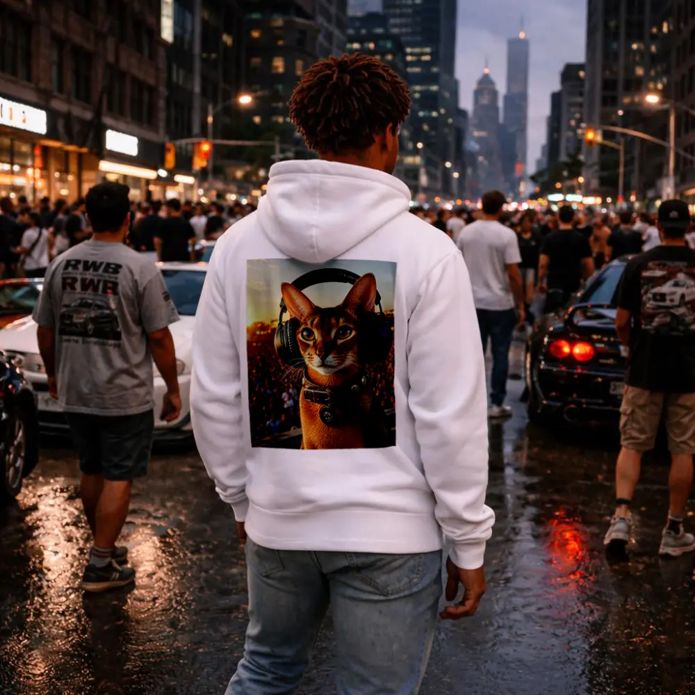 Abyssinian Cat Wearing Headphones at Festival – Hoodies