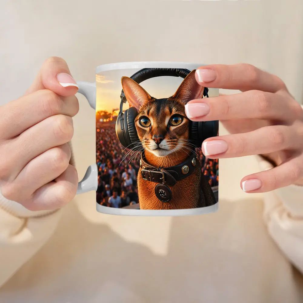 Abyssinian Cat Wearing Headphones at Festival – Mugs