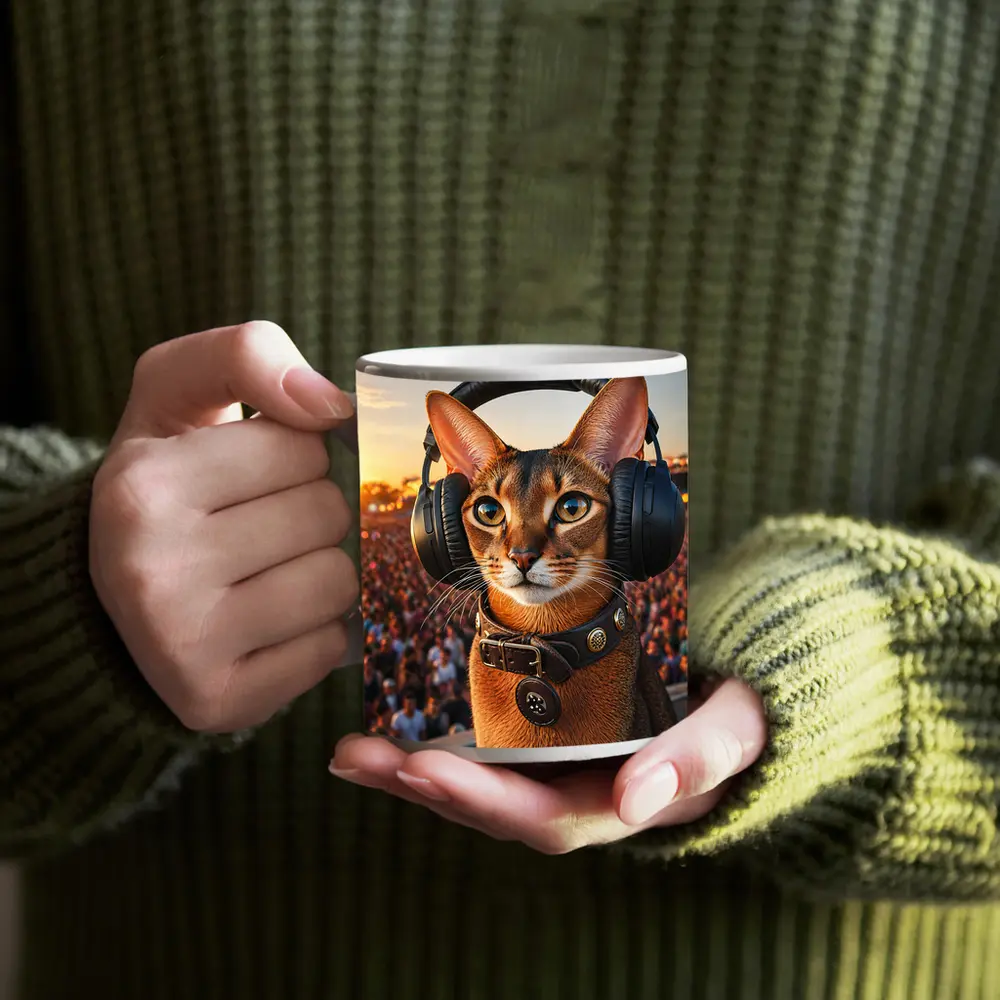 Abyssinian Cat Wearing Headphones at Festival – Mugs