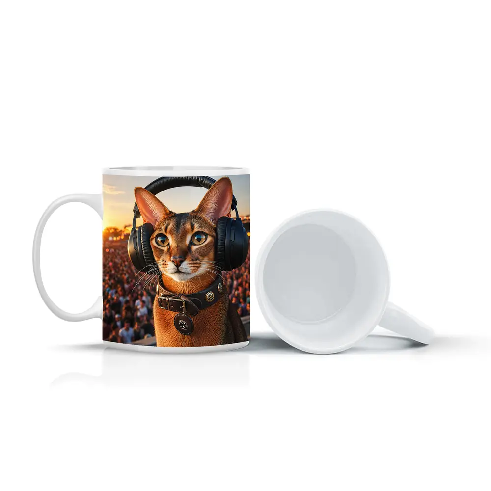 Abyssinian Cat Wearing Headphones at Festival – Mugs