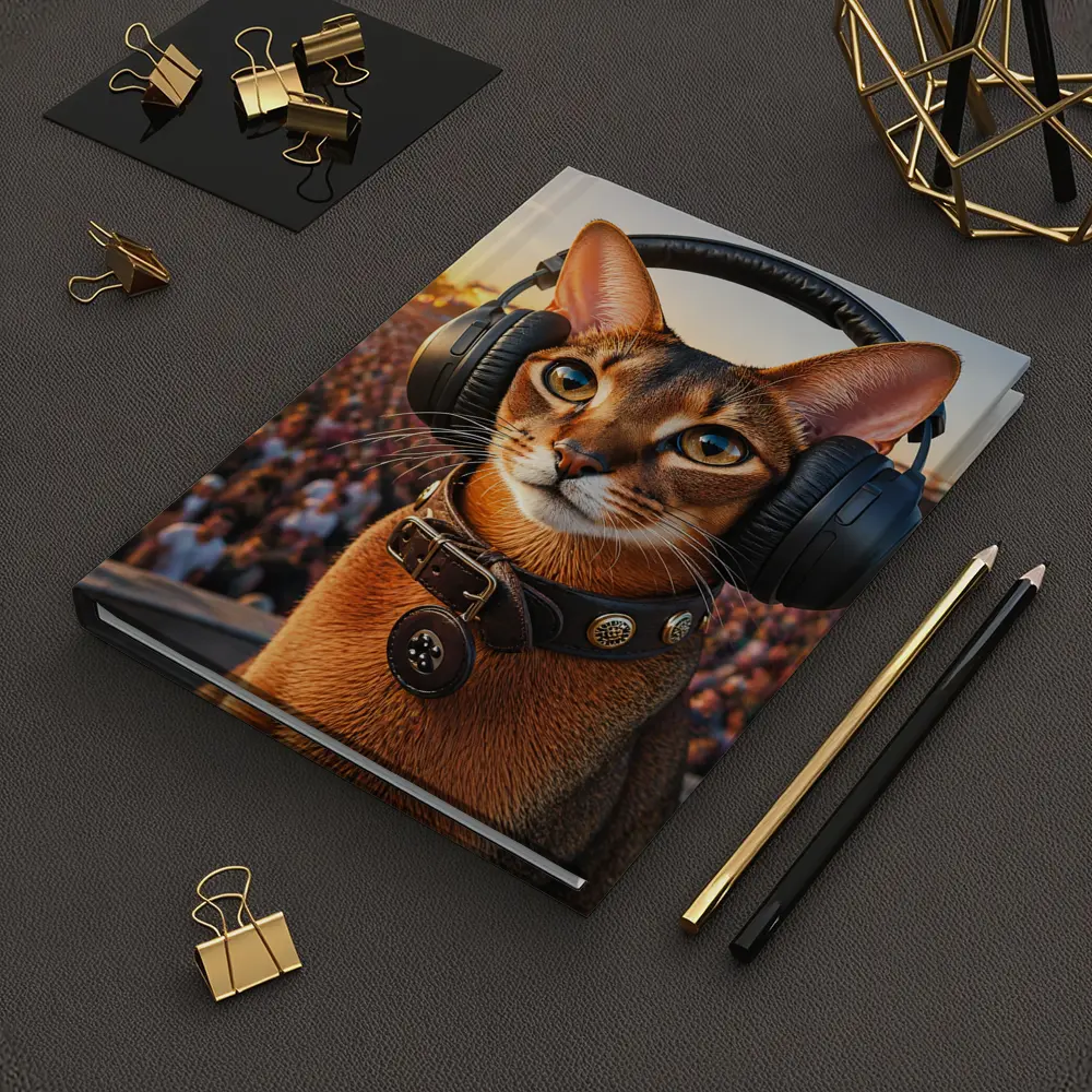 Abyssinian Cat Wearing Headphones at Festival – Notebooks