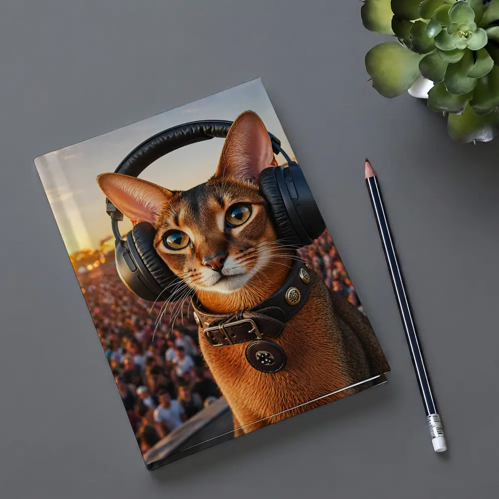 Abyssinian Cat Wearing Headphones at Festival – Notebooks