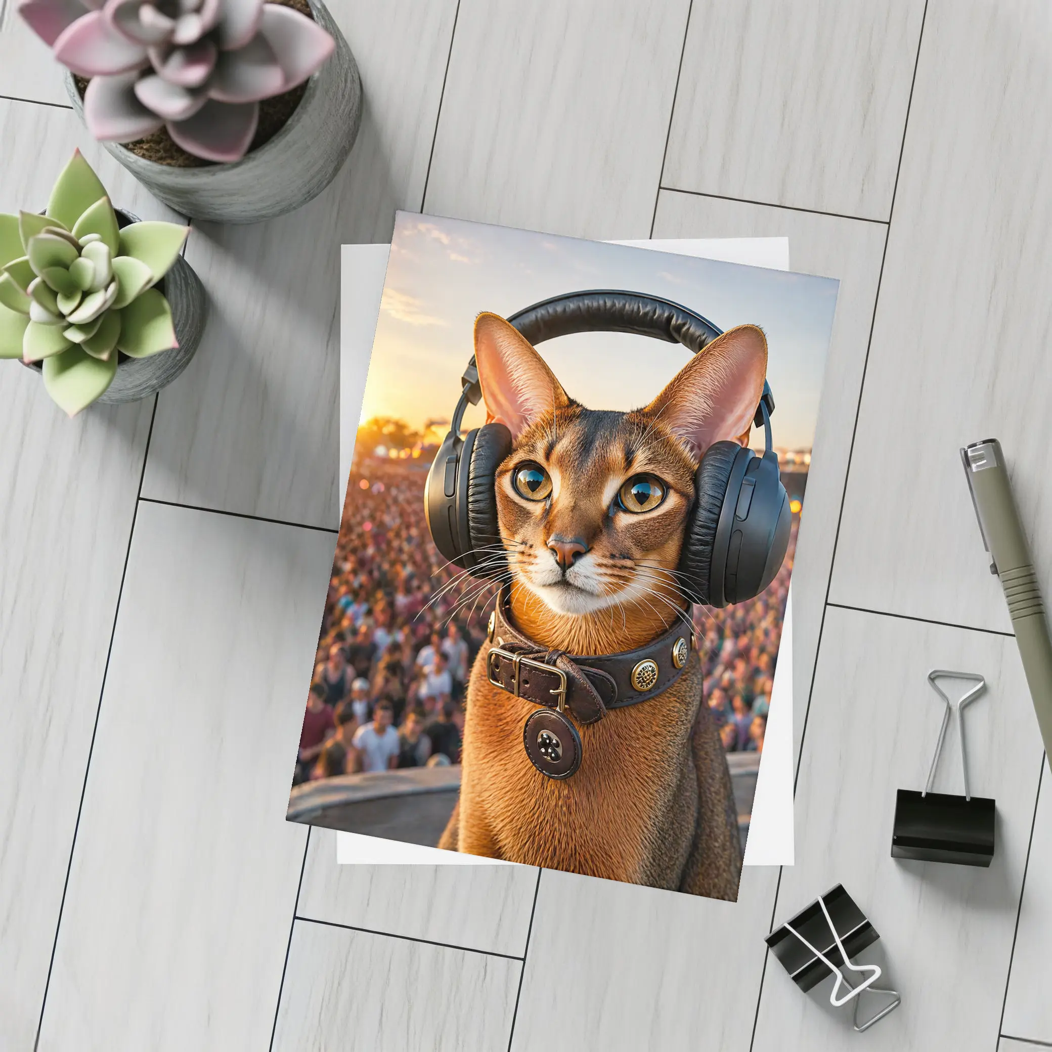 Abyssinian Cat Wearing Headphones at Festival – Postcards