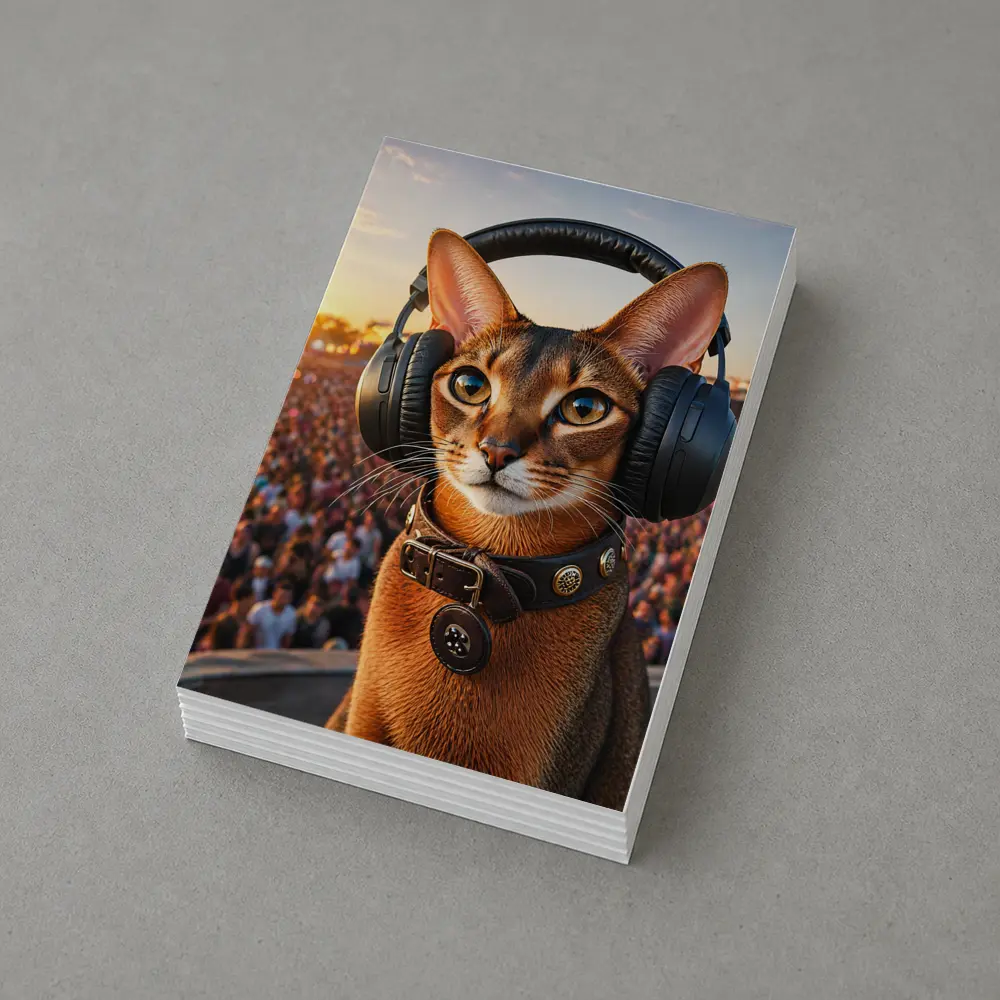 Abyssinian Cat Wearing Headphones at Festival – Postcards