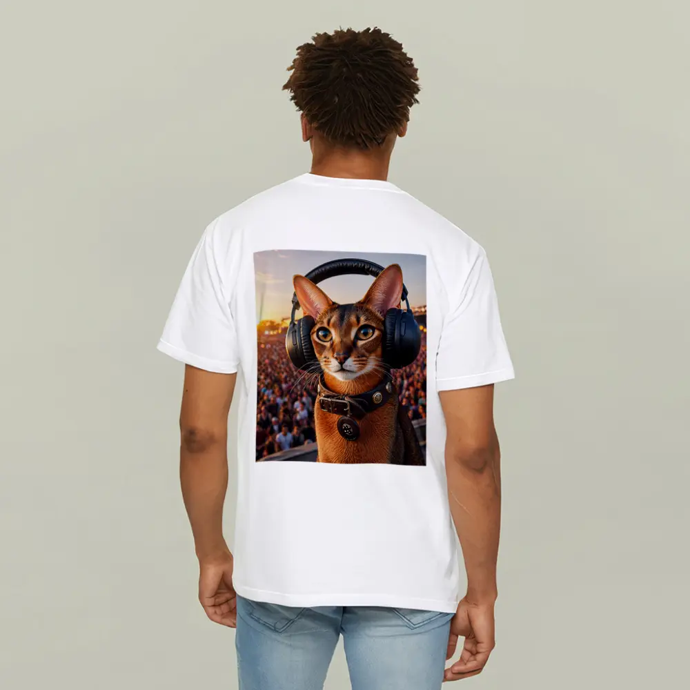 Abyssinian Cat Wearing Headphones at Festival – T-Shirts