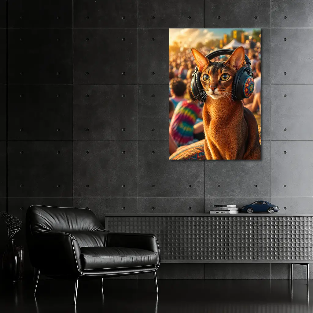 Abyssinian Cat Wearing Headphones at Music Festival – Wall Art
