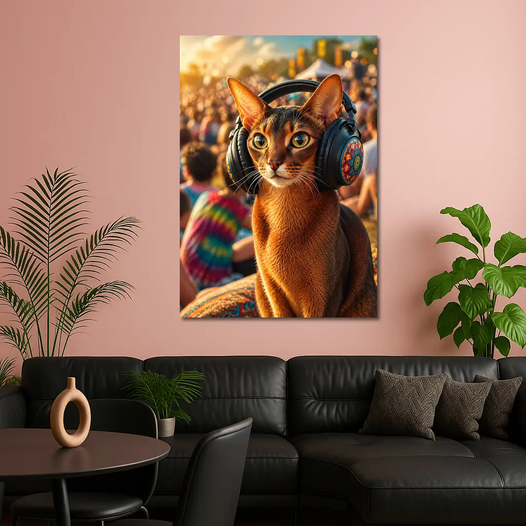 Abyssinian Cat Wearing Headphones at Music Festival – Wall Art