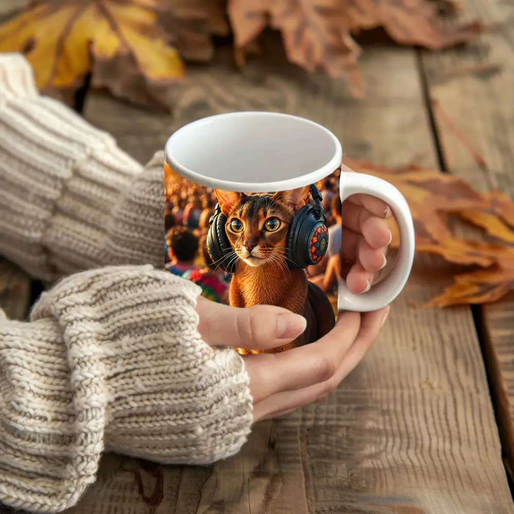 Abyssinian Cat Wearing Headphones at Music Festival – Mugs