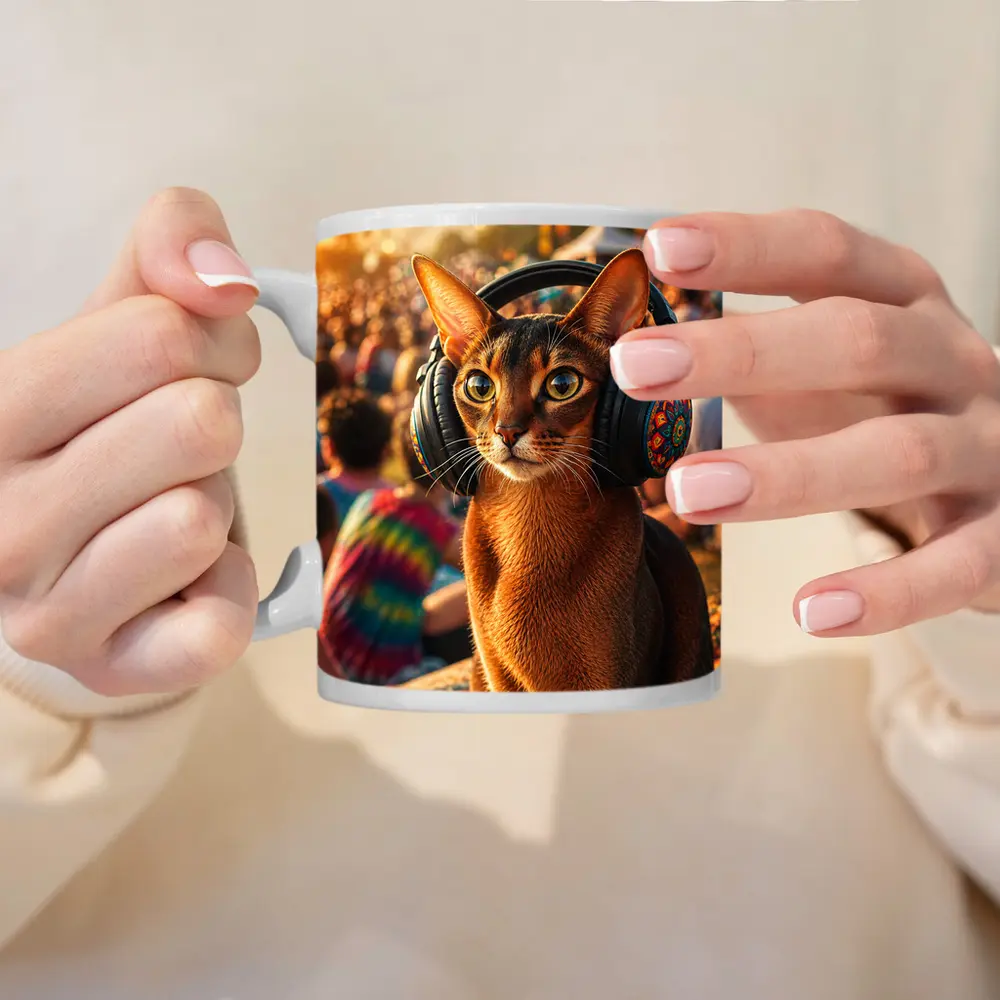 Abyssinian Cat Wearing Headphones at Music Festival – Mugs