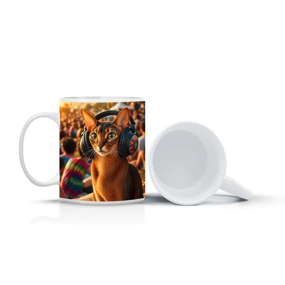 Abyssinian Cat Wearing Headphones at Music Festival – Mugs