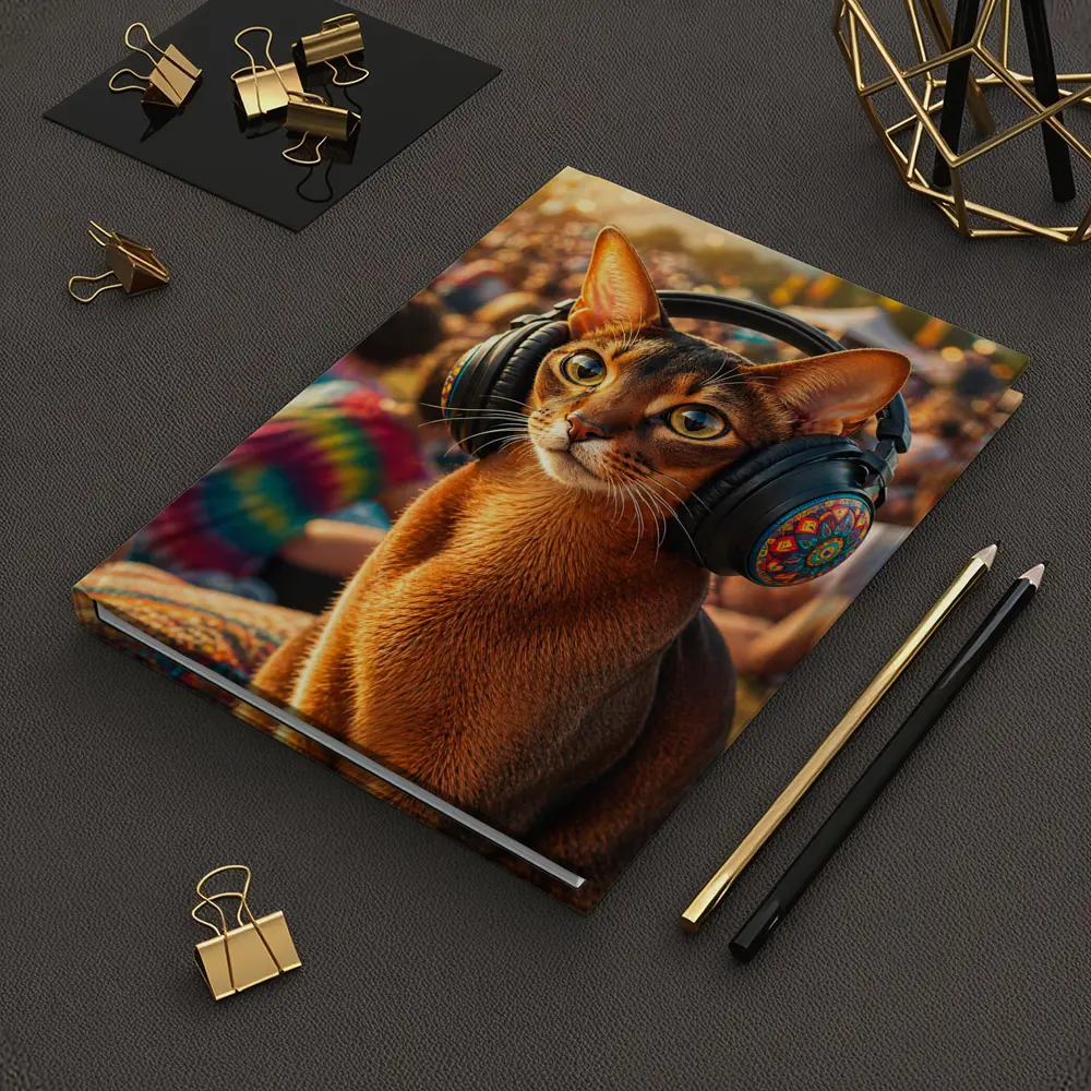 Abyssinian Cat Wearing Headphones at Music Festival – Notebooks