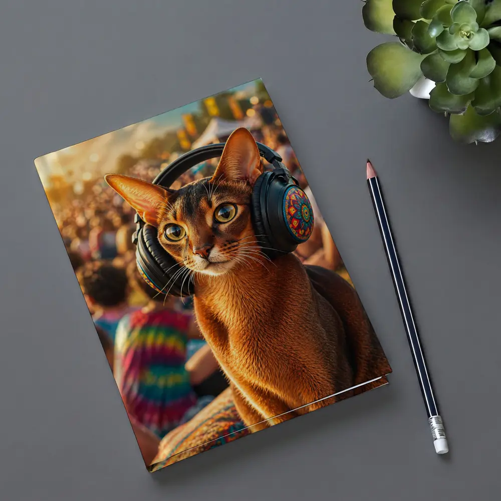 Abyssinian Cat Wearing Headphones at Music Festival – Notebooks