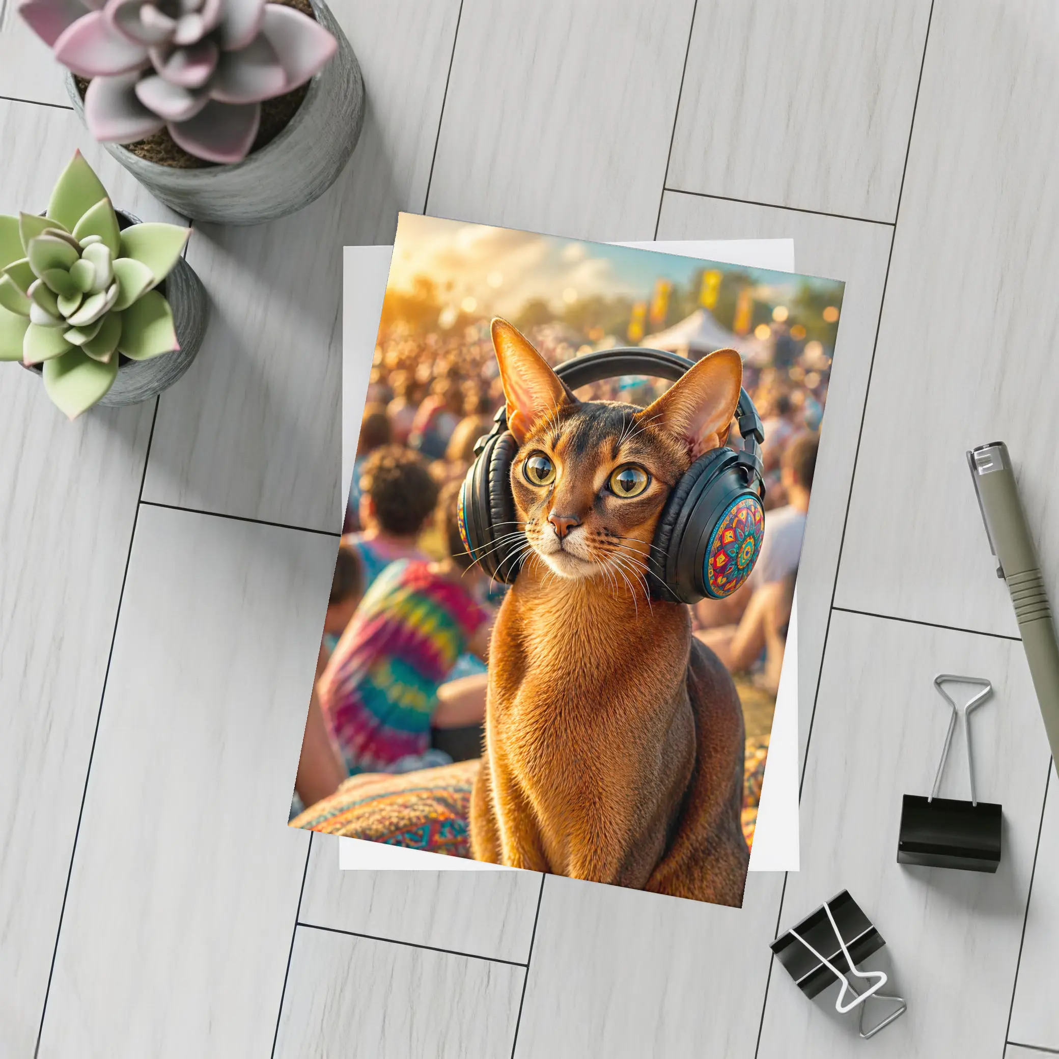 Abyssinian Cat Wearing Headphones at Music Festival – Postcards