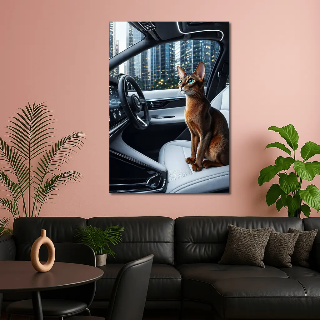 Abyssinian Cat Inside Modern Luxury Car – Wall Art