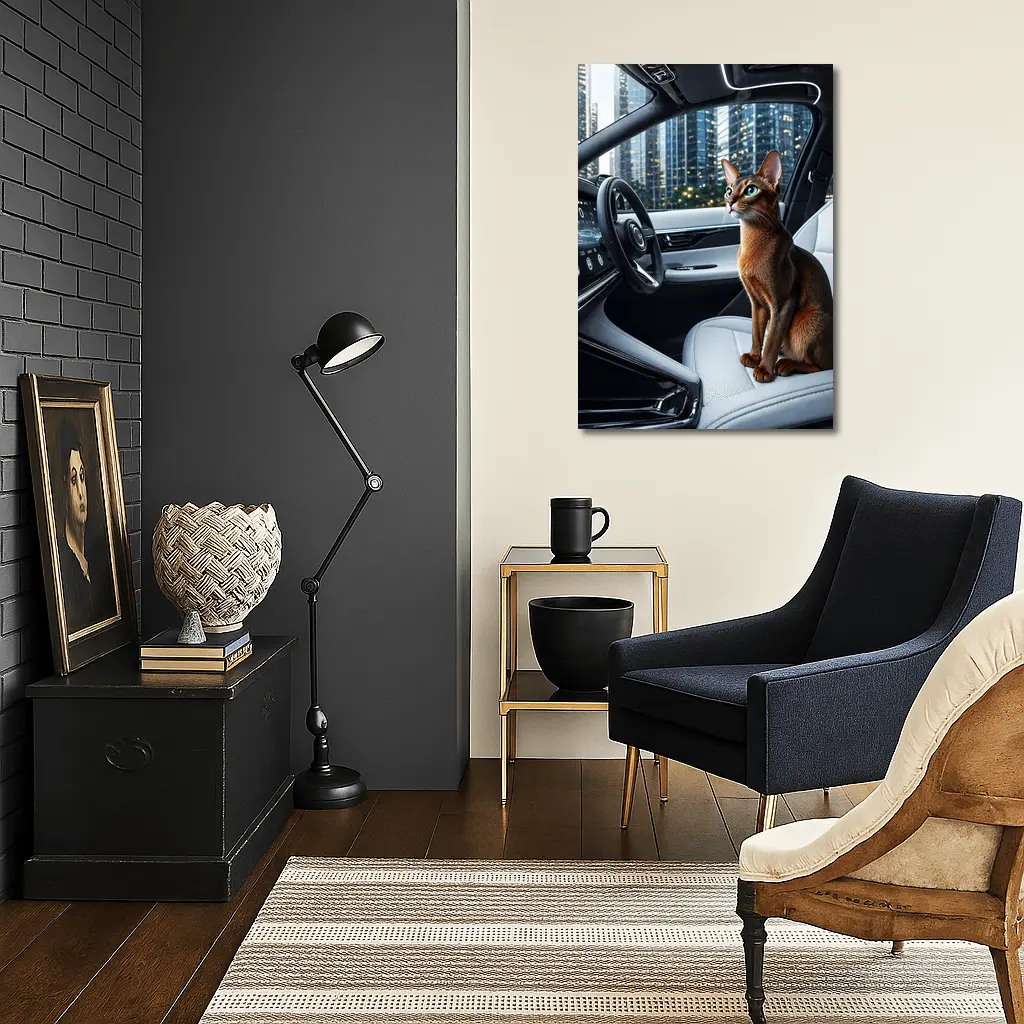 Abyssinian Cat Inside Modern Luxury Car – Wall Art