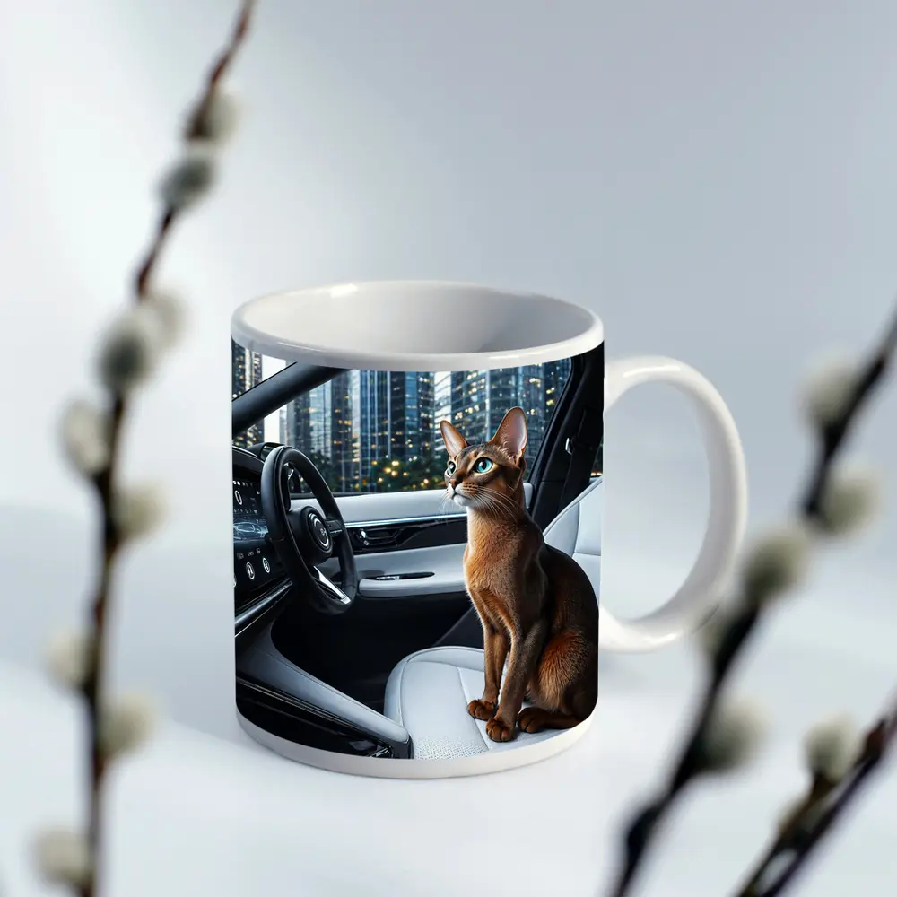 Abyssinian Cat Inside Modern Luxury Car – Mugs