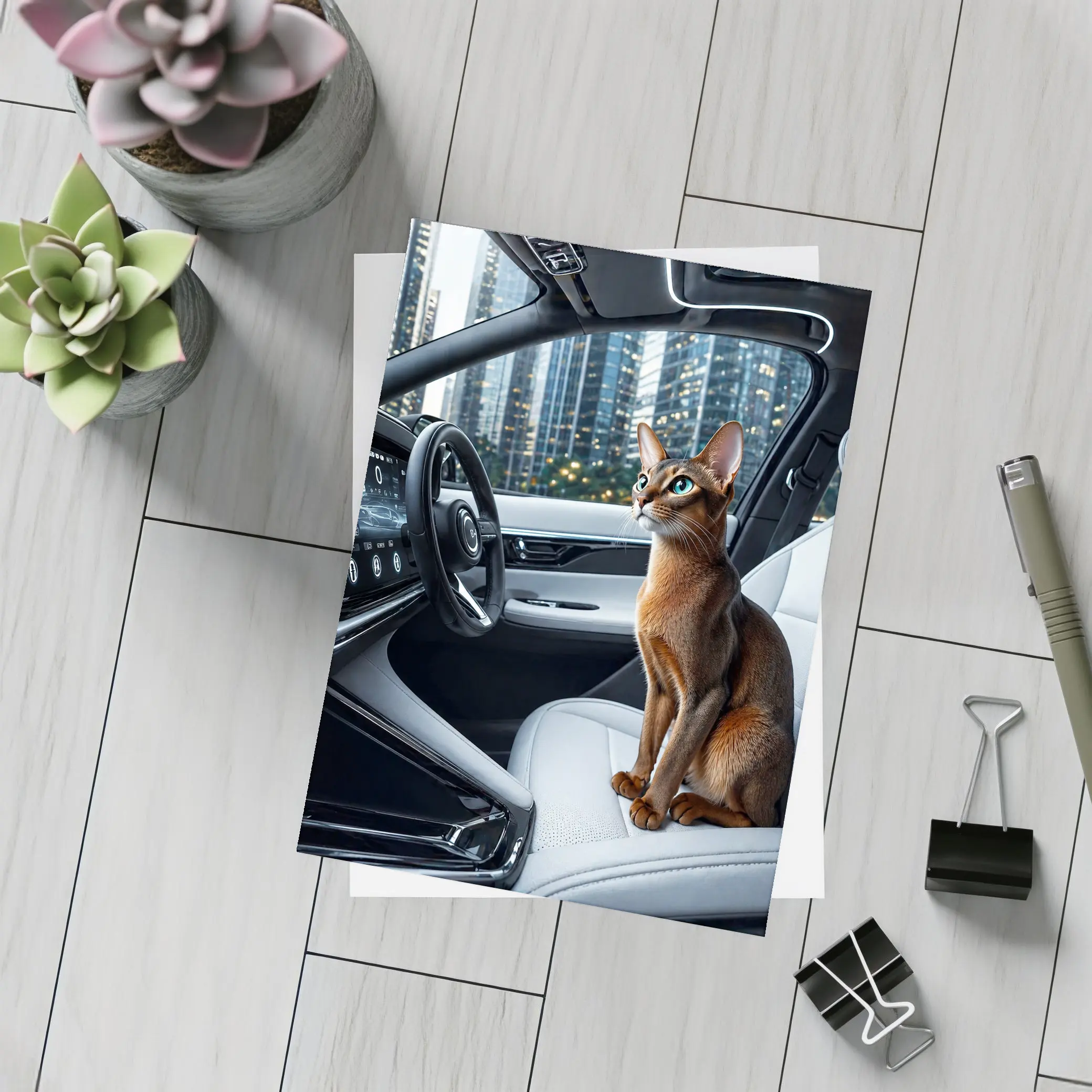 Abyssinian Cat Inside Modern Luxury Car – Postcards