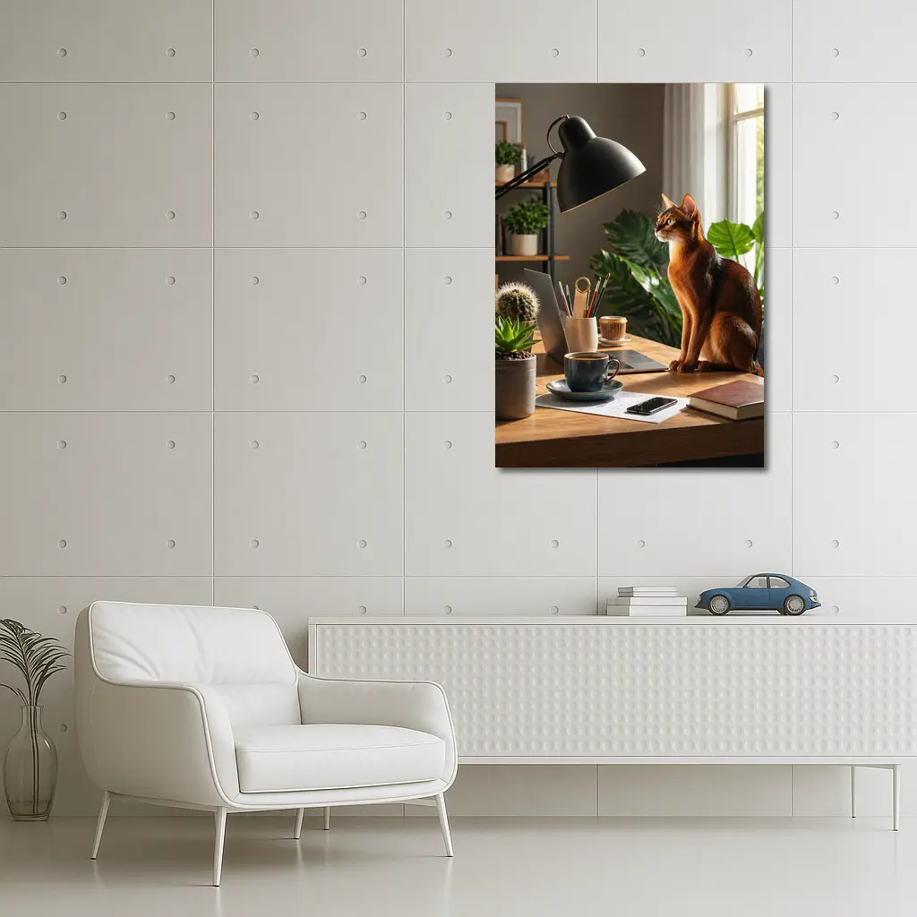 Abyssinian Cat Sitting at Home Office Desk – Wall Art