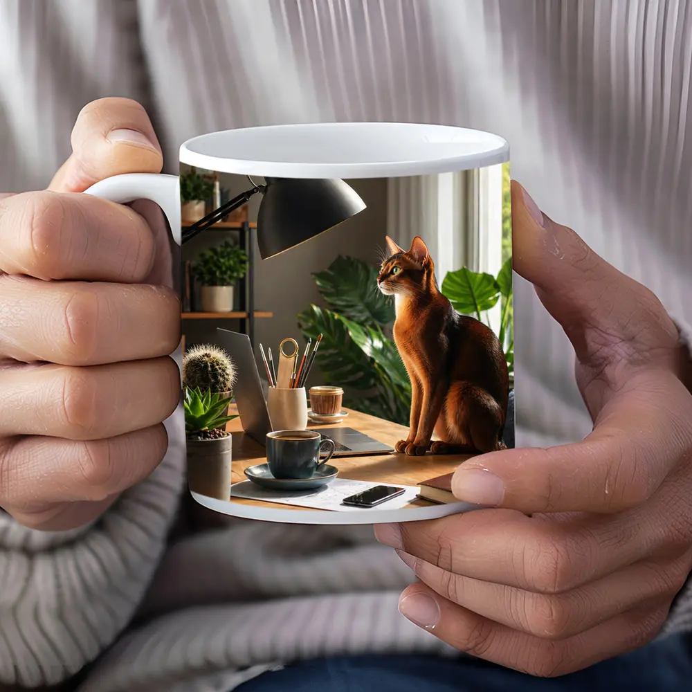 Abyssinian Cat Sitting at Home Office Desk – Mugs