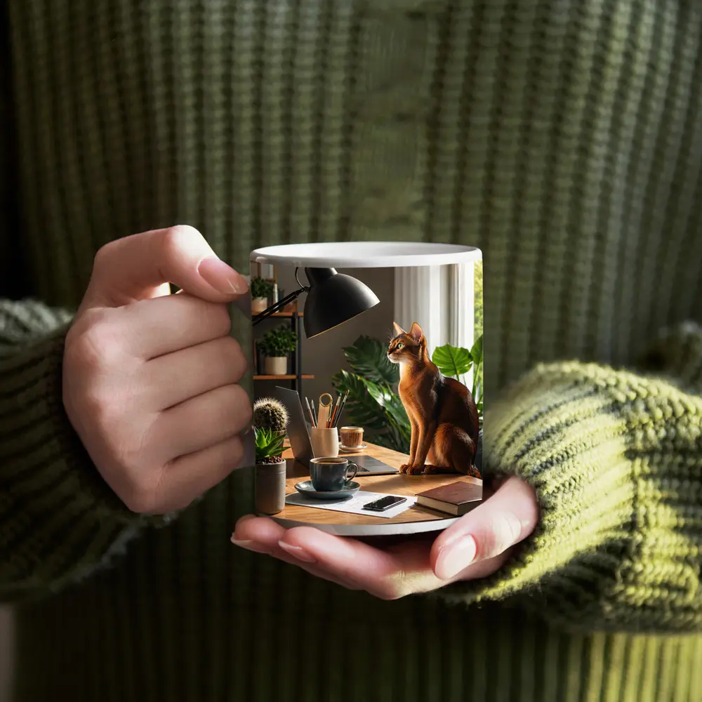Abyssinian Cat Sitting at Home Office Desk – Mugs