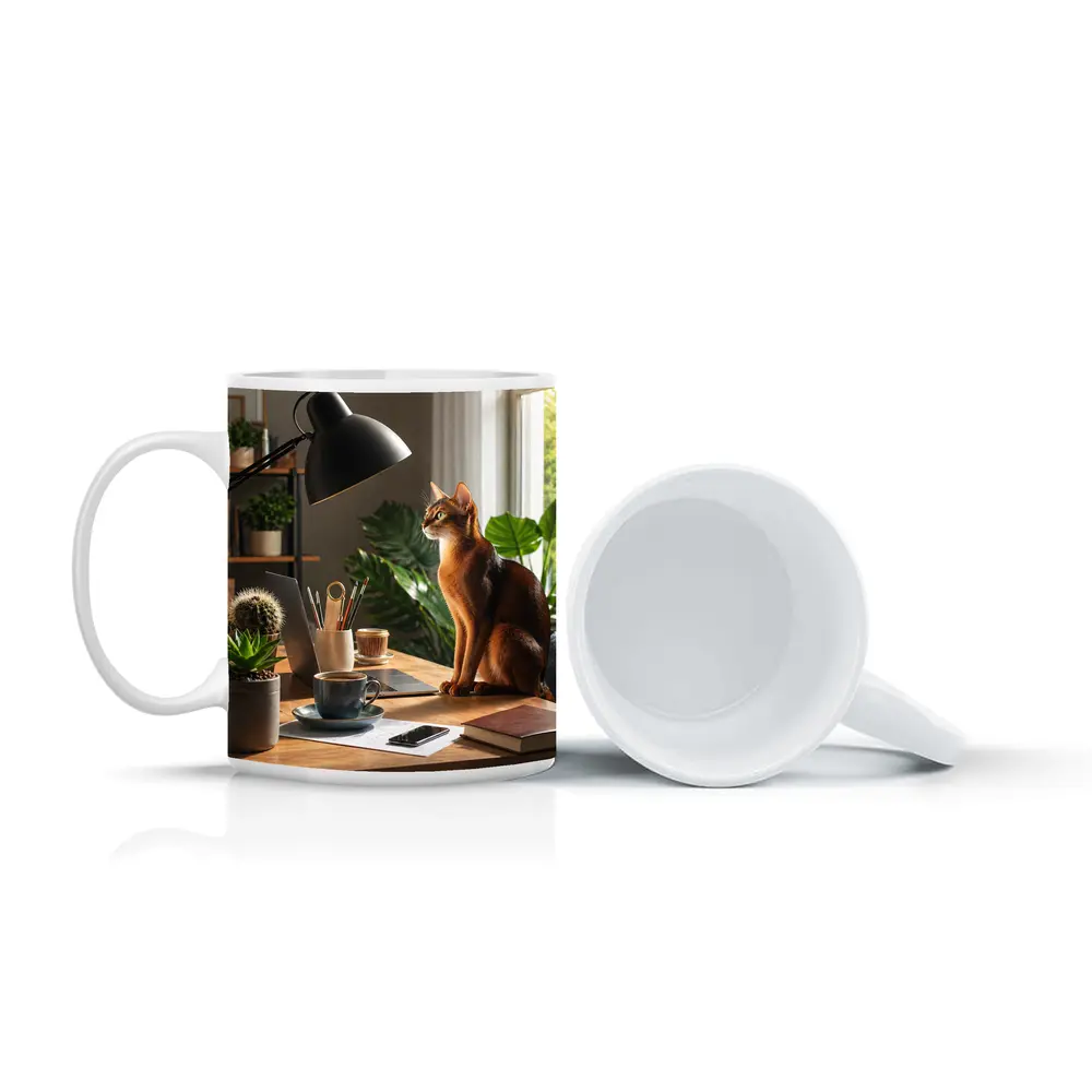 Abyssinian Cat Sitting at Home Office Desk – Mugs