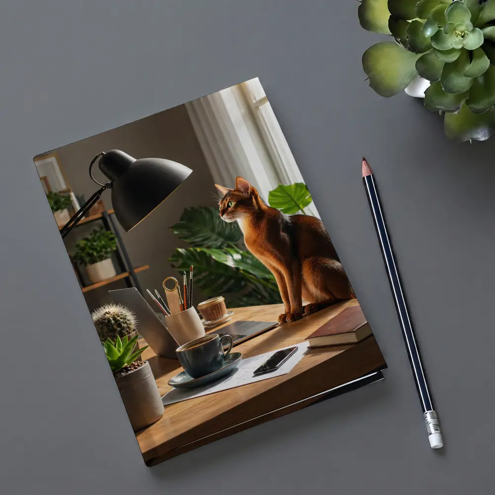 Abyssinian Cat Sitting at Home Office Desk – Notebooks