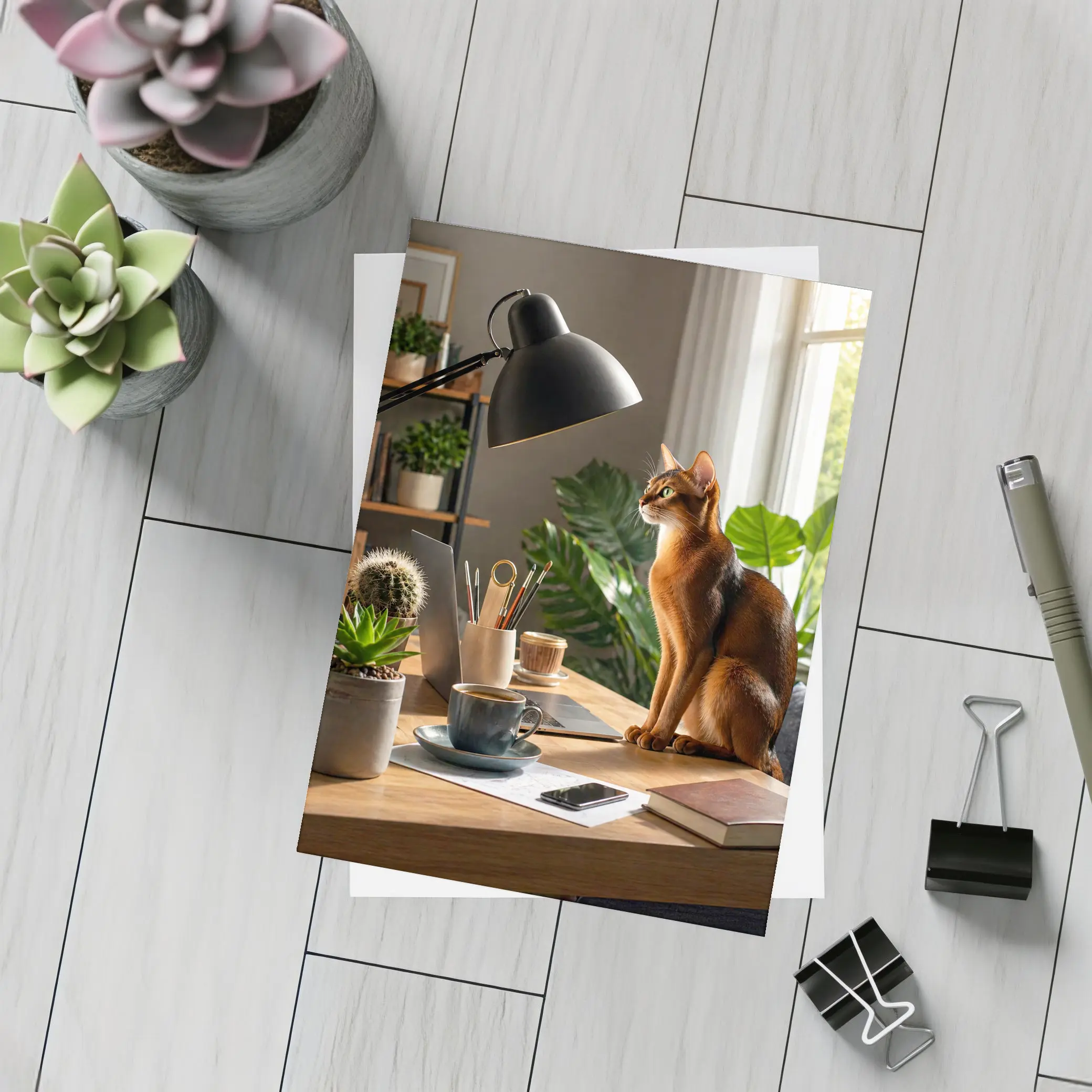 Abyssinian Cat Sitting at Home Office Desk – Postcards