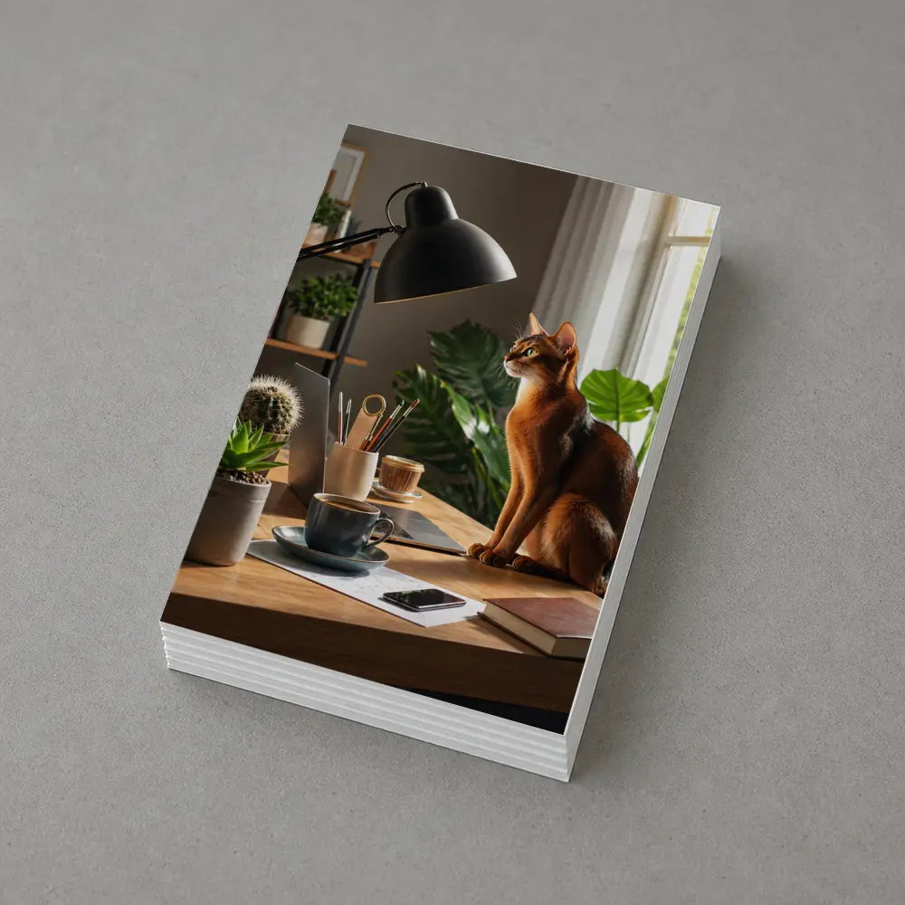 Abyssinian Cat Sitting at Home Office Desk – Postcards