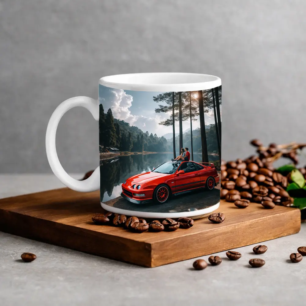 Red Acura Integra Parked by Forest Lake – Mugs