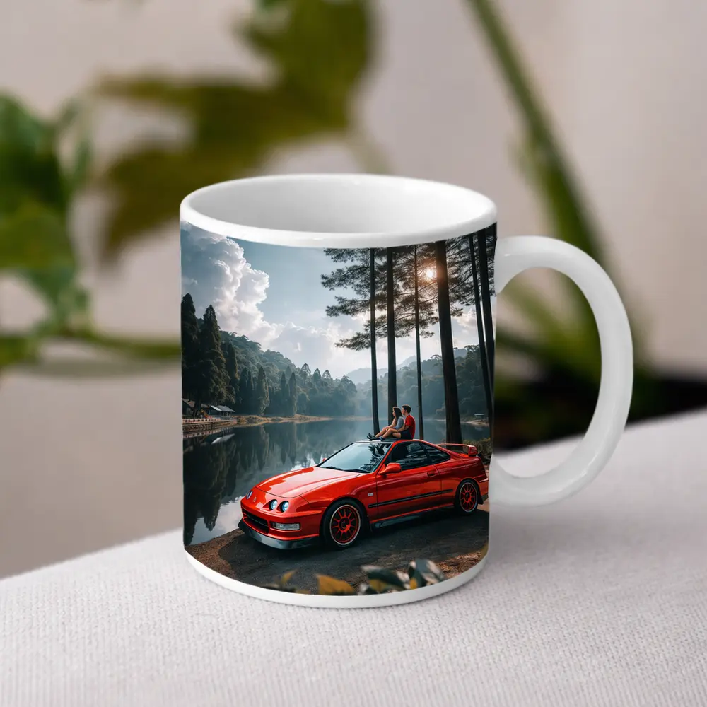 Red Acura Integra Parked by Forest Lake – Mugs