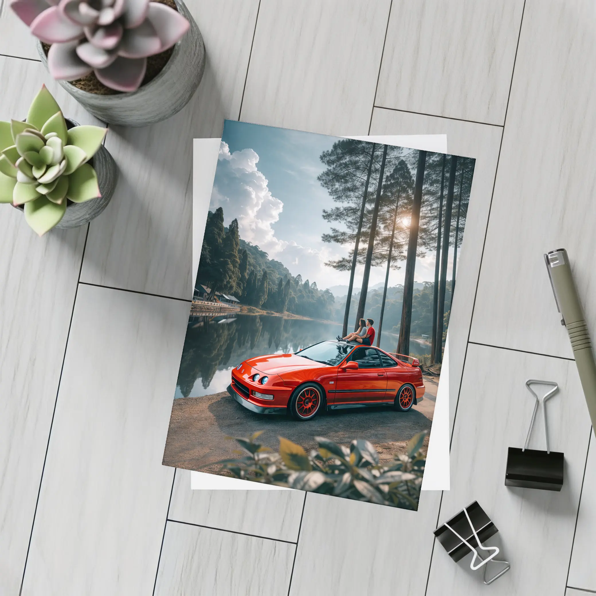 Red Acura Integra Parked by Forest Lake – Postcards