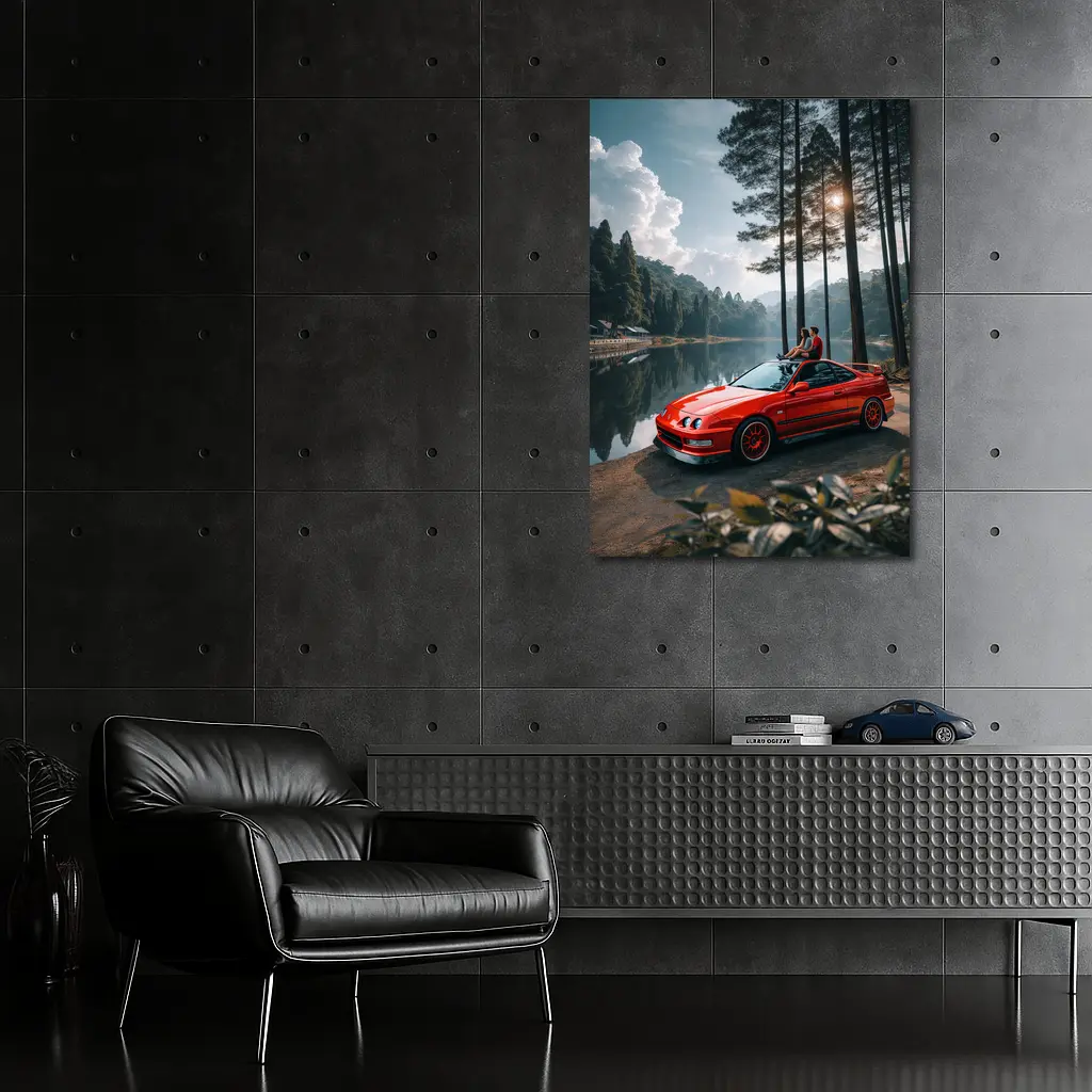Red Acura Integra Parked by Forest Lake – Wall Art