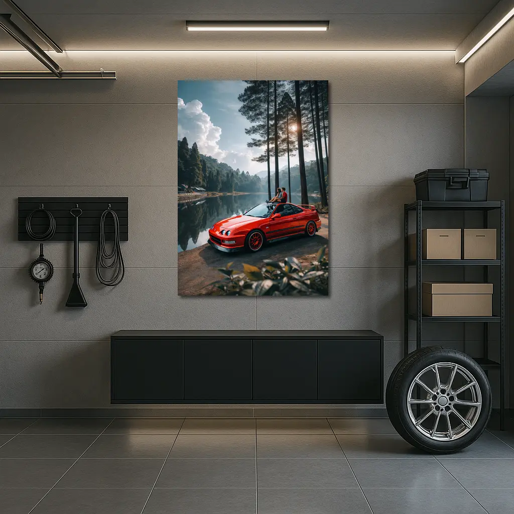 Red Acura Integra Parked by Forest Lake – Wall Art