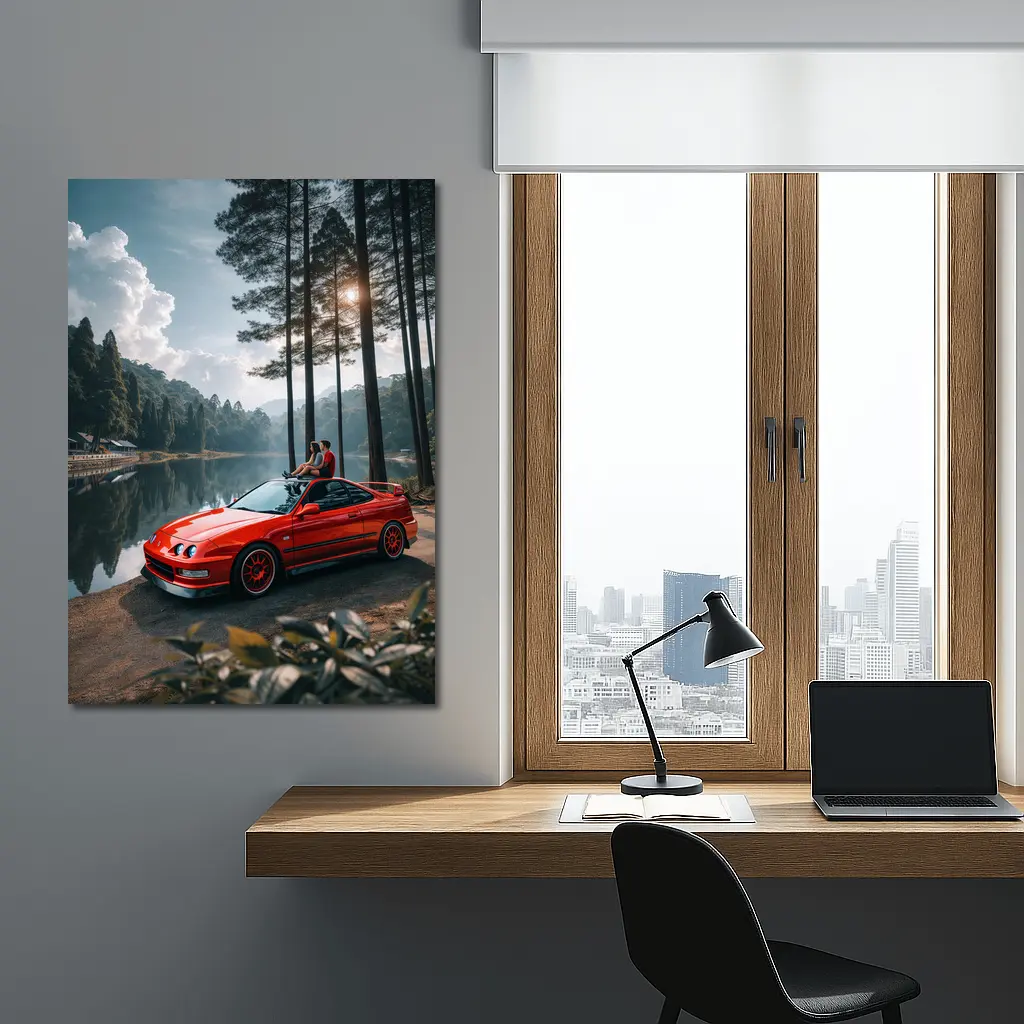 Red Acura Integra Parked by Forest Lake – Wall Art