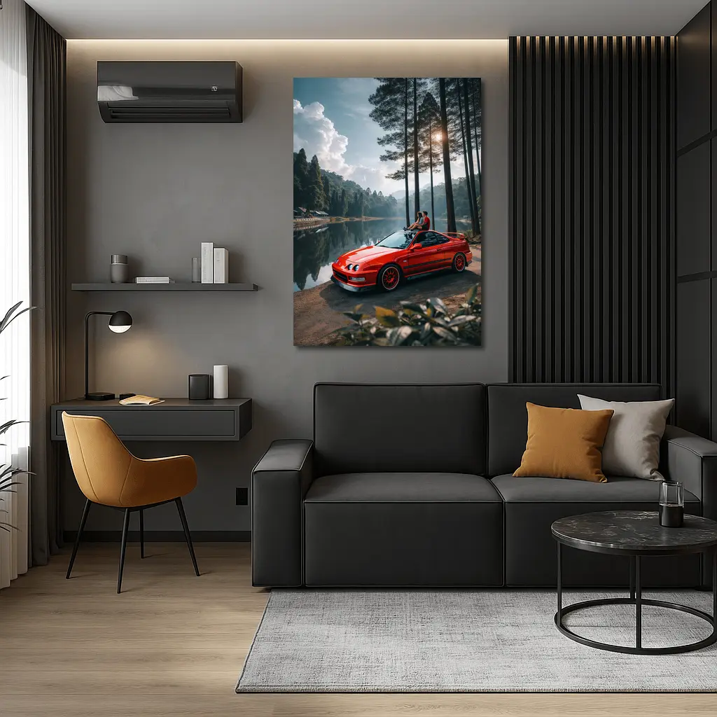 Red Acura Integra Parked by Forest Lake – Wall Art