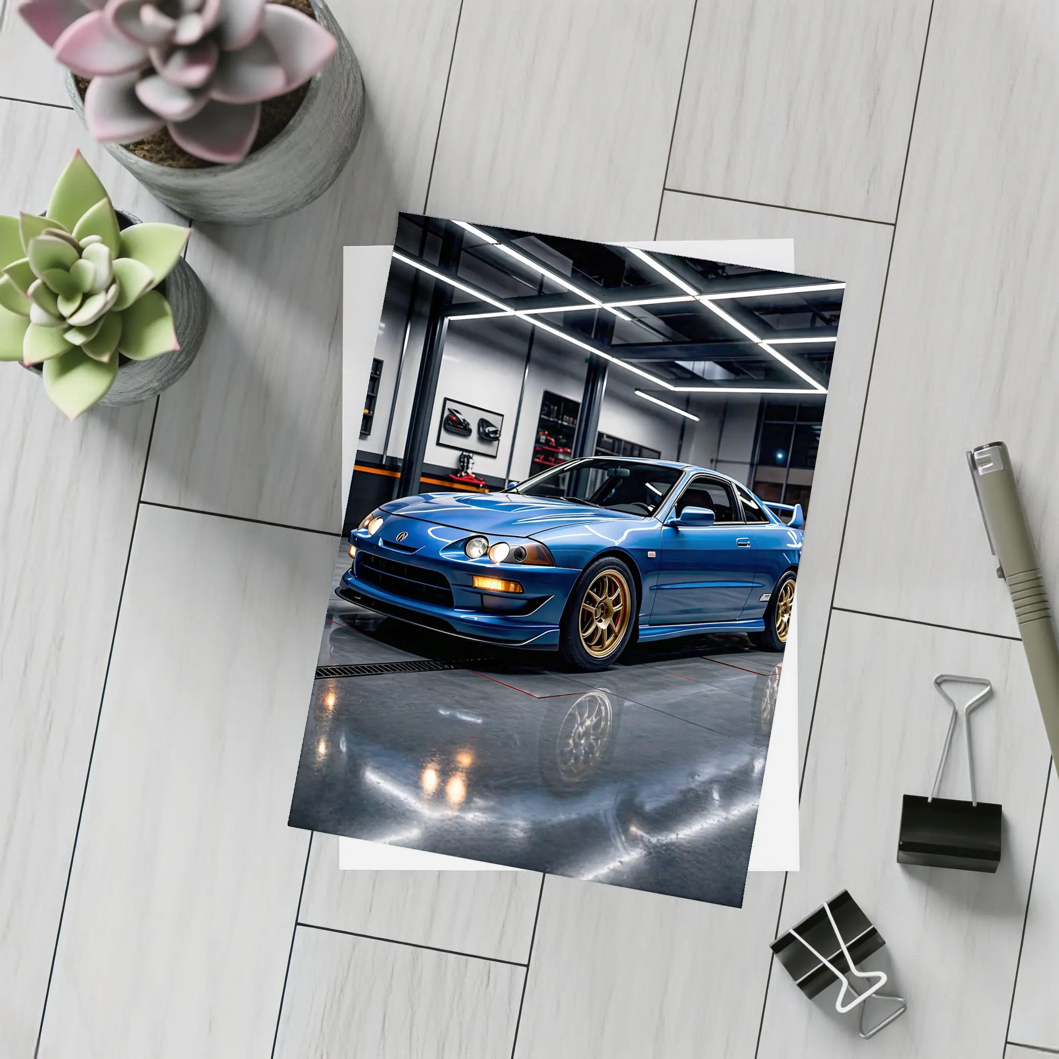 Acura Integra Blue Coupe in Garage – Postcards