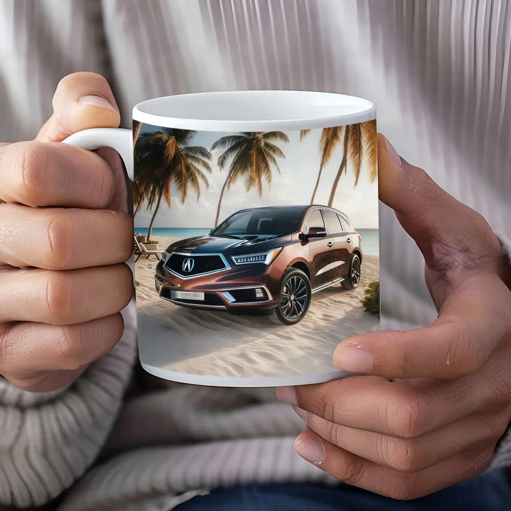 Acura MDX Parked on Sandy Tropical Beach – Mugs